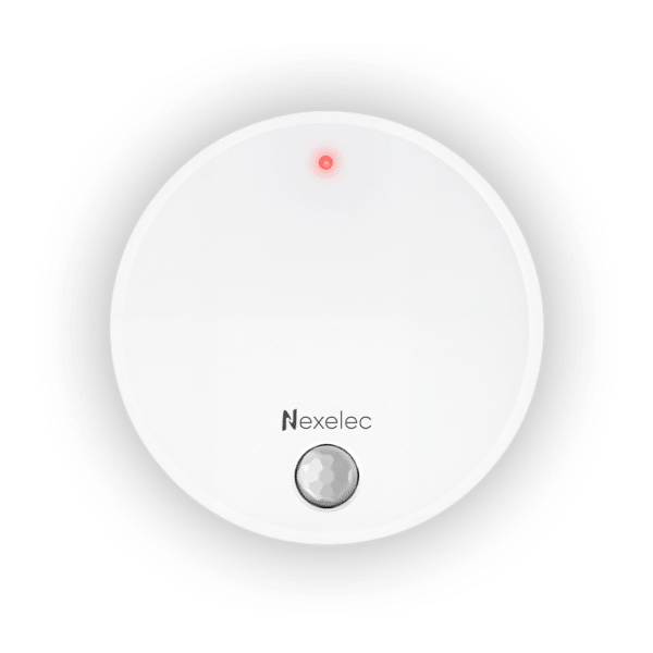 White VISTA MOVE sensor, front view with red indicator illuminated and PIR motion detector