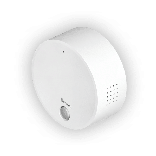 White VISTA SPACE LoRaWAN motion sensor, three-quarter view of the housing and PIR detector
